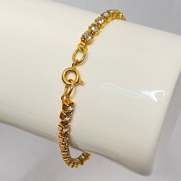 Dainty Tennis Bracelet Ultra Thin Gold Tone Clear Rhinestone Line Spring Clasp - Picture 3 of 8